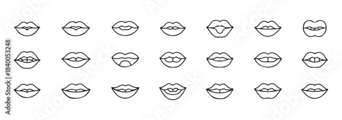 Comprehensive set of human lips line icons, depicting various mouth poses and emotions