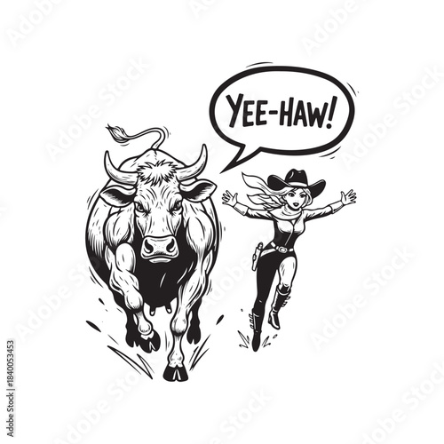 Cowgirl riding a bucking bull with lasso, classic western rodeo