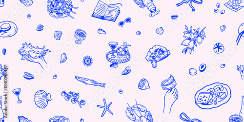 Dolce vita seamless pattern. Endless sketch background, coastal Mediterranean Italian holiday, vacation. Print, texture design in doodle style. Hand-drawn vector illustration for textile, wrapping