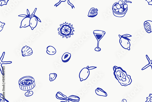 Dolce vita pattern design. Seamless hand-drawn print with Italian coastal food, cocktails, lemon, seashells in retro doodle style. Repeating endless texture for fabric, textile. Vector illustration