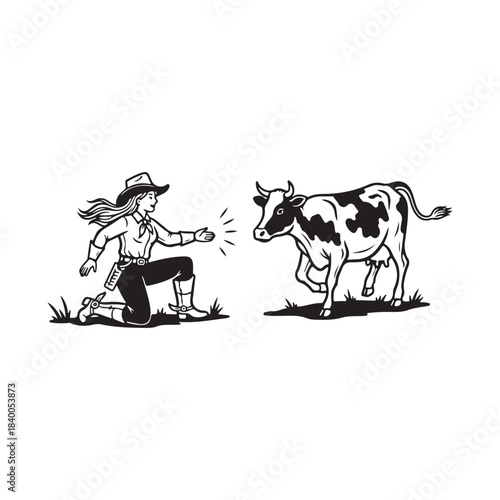 Cowgirl riding bull in desert with cactus illustration