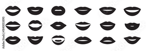 Various lips shapes and expressions silhouettes. Beauty and cosmetic symbol set black vector