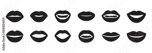 Set of various black lips icons or symbols representing different emotions and expressions