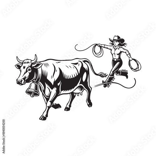 Cowgirl riding a bucking bull in a rodeo illustration