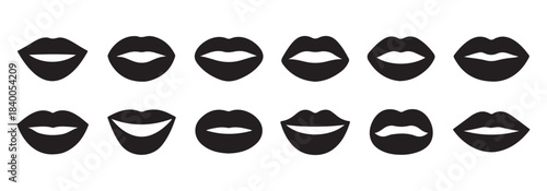 Set of black lip icons showing different mouth shapes and human facial expressions