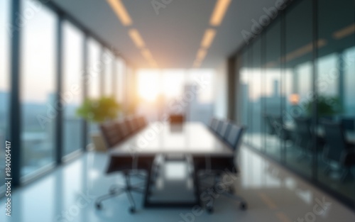 A blurred office conference room with large glass windows, blurred modern office meeting room interior. High quality