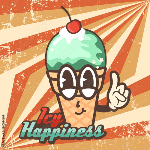 Retro cartoon character in the form of an ice cream cone in the style of a groove. Poster, poster, mascot logo. An ice cream cone for your business. Nostalgia for the 70s, 80s