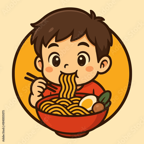 Male character eating noodles, Food blogger reviewing noodle, Vector illustration