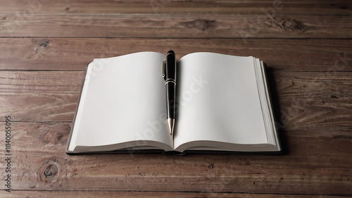 Open notebook with pen resting on pages and wooden table background