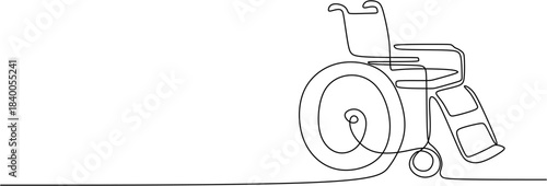 Continuous one-line drawing of a classic wheelchair.