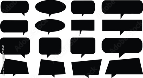 Assortment of black speech and thought bubble shapes Keywords: speech bubble, thought bubble, chat, talk, communication, message, dialogue, shape, black, silhouette, blank, empty, text, box