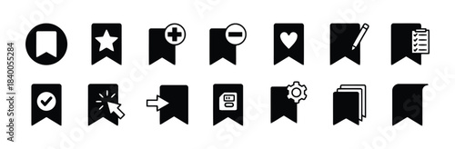Assortment of Bookmark and Tag Icons Keywords: bookmark, tag, ribbon, label, star, plus, minus, heart, pencil, checklist, checkmark, click, arrow, document, gear, pages, save, add, remove