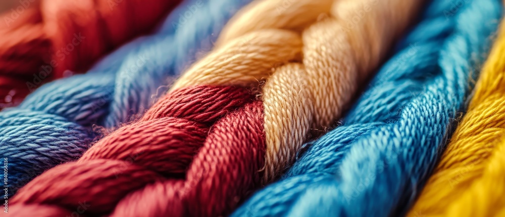 Fototapeta premium Macro view of colorful embroidery threads in various shades, showcasing the texture and vibrancy of crafting materials