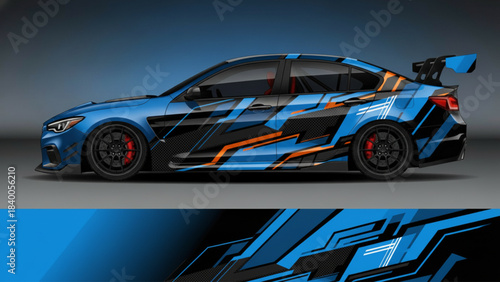 Blue sports car with custom black and orange geometric racing decal design.