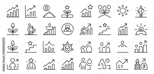 Set of linear business growth and success vector icons for personal development and progress