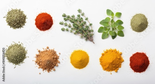 Fototapeta Naklejka Na Ścianę i Meble -  Various dried spices and herbs arranged on a white surface. Colorful spice piles and fresh sprigs of thyme and oregano are displayed