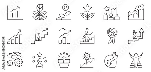 Set of linear business growth and personal success vector icons for corporate advancement