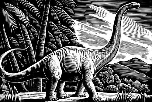 diplodocus drawn with elegant curves, slow posture, and extended tail creating a gentle prehistoric composition