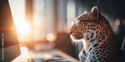 Leopard Wearing Glasses Looking at a Computer Screen