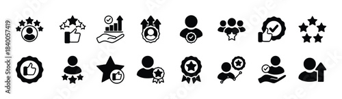 Black and White Icons Representing Customer Feedback and Ratings Keywords: rating, feedback, review, stars, thumbs up, approval, success, achievement, customer, service, satisfaction