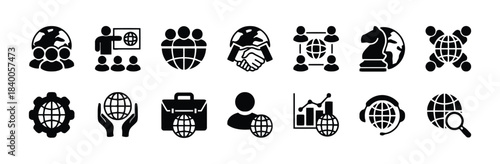 Business and Global Icons Set Keywords: business, global, world, earth, globe, handshake, meeting, people, teamwork, strategy, chess, gear, cogwheel, briefcase, person, chart, graph
