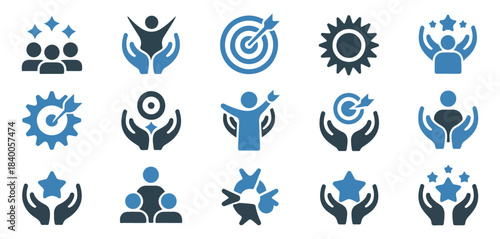 Success achievement and teamwork icons set in flat style business leadership goal concept