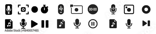 Collection of Audio and Video Recording Icons in Black and White Keywords: microphone, recording, audio, video, camera, play, pause, stop, timer, sound wave, music note, file, record button