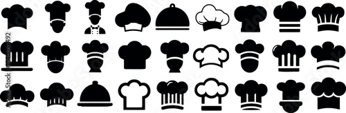 Collection of Black Chef Hat Icons Keywords: chef hat, cook hat, toque blanche, hat, headwear, culinary, cooking, food, restaurant, icon, symbol, graphic, design, illustration, set