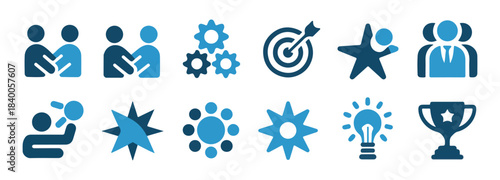 Business and success related icons representing collaboration strategy leadership and goals