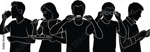 Daily routine silhouette set, personal habit icons, black gesture illustration, hygiene and lifestyle graphic, eating, grooming, and tech use concept