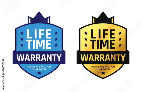Set of Lifetime Warranty Shield Unique Badge. For Stamp, Imprint, Seal, label, icon, banner, sign, logo, symbol. Template in flat color. Vector Illustration