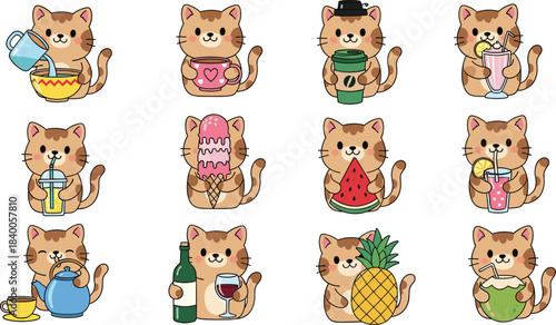 Flat vector illustration of a cute cat enjoying various drinks, ice cream, and fruits in a playful, adorable style.