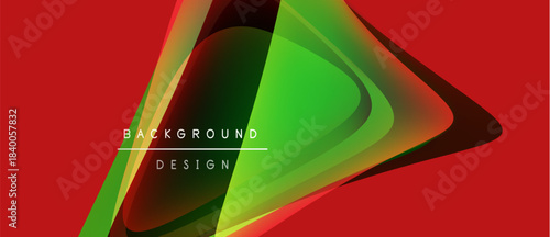 Abstract design features layered shapes, vibrant colors. Red background contrasts green, yellow elements. Text reads background design. Modern, dynamic composition.