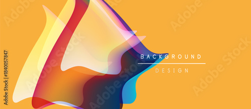 Abstract vibrant shapes overlap, creating dynamic composition. Warm yellow background complements cool color accents. Modern design element.