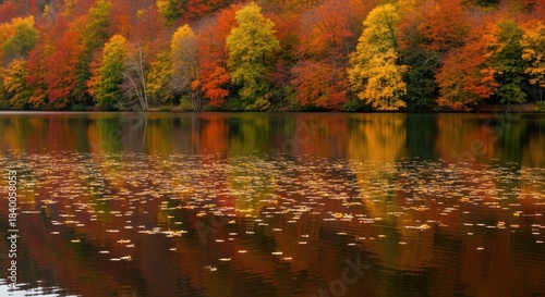 Autumn Reflections: Serene Lakeside Scene Showcasing Vibrant Fall Foliage