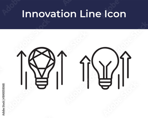 Minimal monoline vector light bulb with upward growth arrows symbolizing innovation, business development, productivity improvement, and strategic progress, provided as editable AI EPS illustration