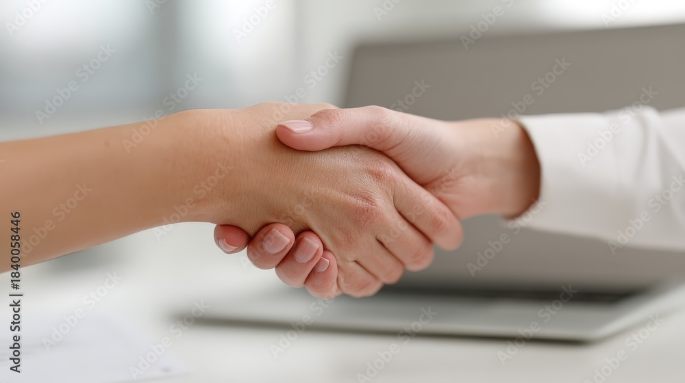 Fototapeta premium view of two individuals firmly clasping hands over a desk setting