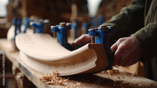 manufacture wood workshop: curved oak molding clamped on bench with fresh planed surface, wood shavings and craftsman hands