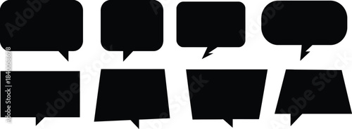 Collection of black speech bubble shapes with different tails Keywords: speech bubble, chat, talk, communication, message, dialogue, shape, black, silhouette, blank, empty, text, box, comic