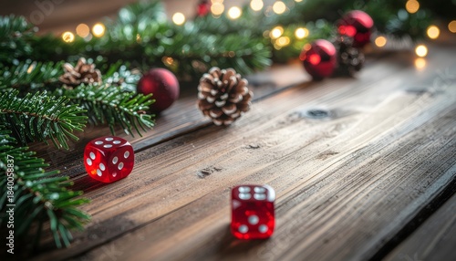 Christmas board game setup with dice and cards.