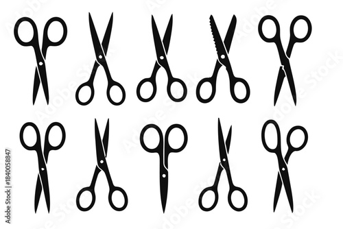 Collection of Black Silhouette Scissors on White Background