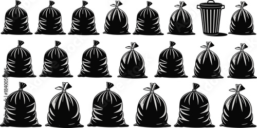 Garbage bags and metal trash can set, waste disposal icons, sanitation concept, black outline design, flat vector illustration