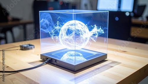 Futuristic holographic cube projecting glowing digital sphere.