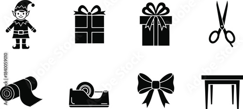 Black and white christmas icons set including elf gifts scissors and decorations