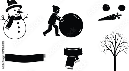 Winter holiday icons set including snowman easter egg and bare tree