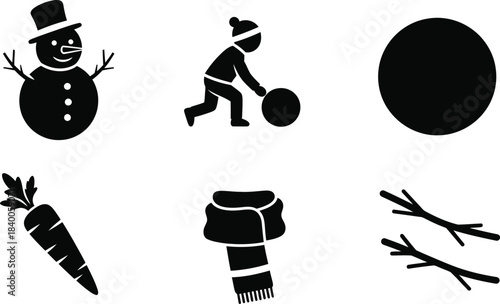 Winter icon set including snowman carrot hat branches and a rolling snowball