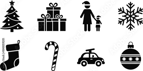 Black silhouette icons representing various christmas holiday elements and decorations