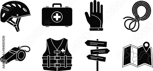 Essential adventure and rescue equipment collection in a flat vector illustration