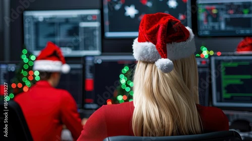 Holiday hacker cybersecurity office santa hat computer monitor night bokeh festive alert christmas office holiday lights computer screen