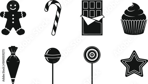 Black and white illustration of assorted christmas sweets and holiday treats